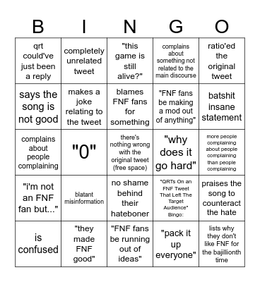 "QRTs On an FNF Tweet That Left The Target Audience" Bingo Card