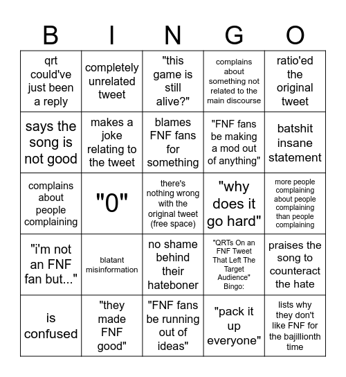 "QRTs On an FNF Tweet That Left The Target Audience" Bingo Card