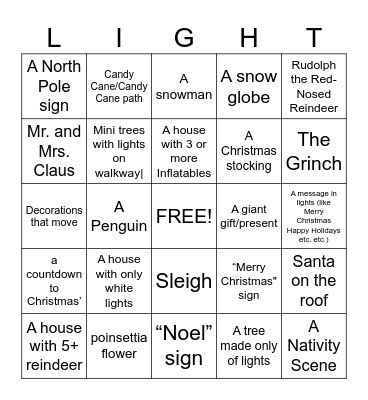 Christmas Light scavenger hunt Bingo Card