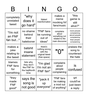 "QRTs On an FNF Tweet That Left The Target Audience" Bingo Card