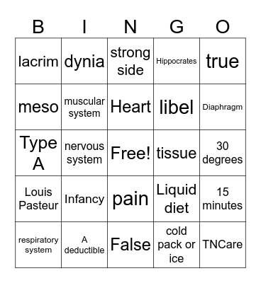 Health Science Revew Bingo Card
