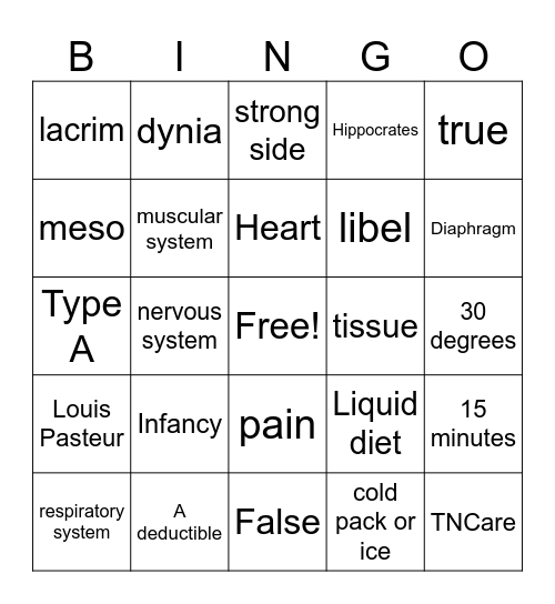 Health Science Revew Bingo Card