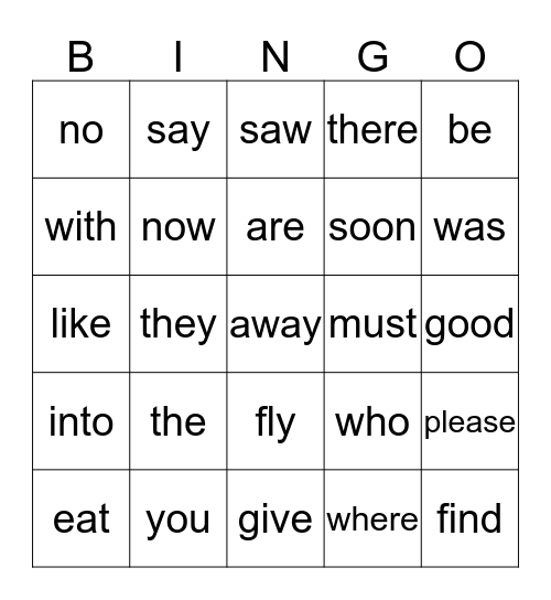 Kindergarten Sight Word Bingo Card