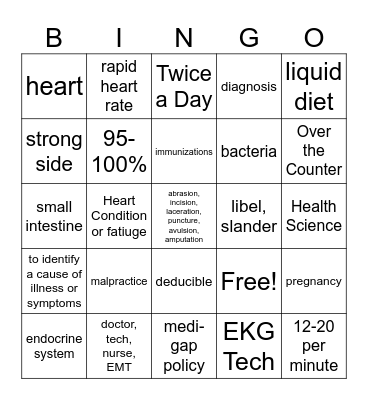 Health Science Bingo Card