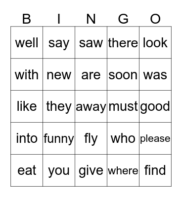 Kindergarten Sight Word Bingo Card