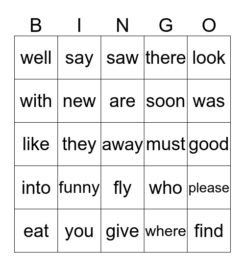 Kindergarten Sight Word Bingo Card