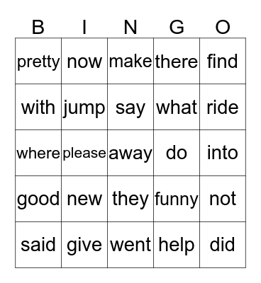 Kindergarten Sight Word Bingo Card