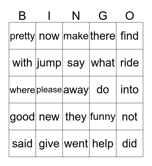 Kindergarten Sight Word Bingo Card