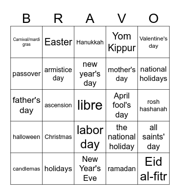 FRE2/2H- Vocabulaire 2.1- les fêtes Bingo Card