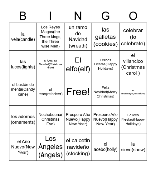 Spanish Christmas bingo Card