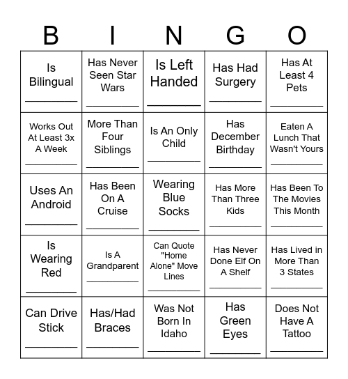 Mix And Mingle Bingo Card