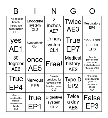 Health science Bingo Card