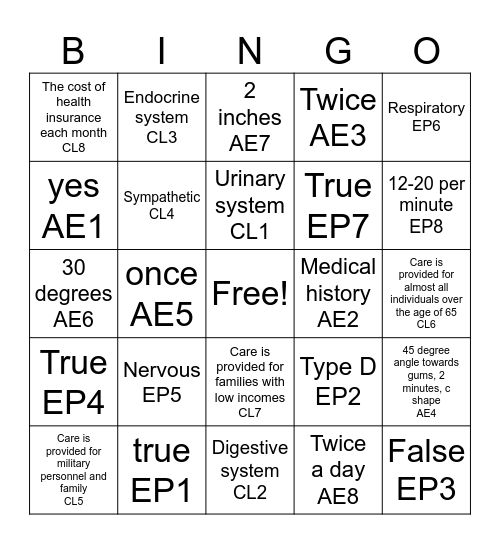 Health science Bingo Card