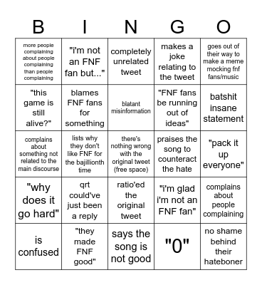 "QRTs On an FNF Tweet That Left The Target Audience" Bingo: Bingo Card