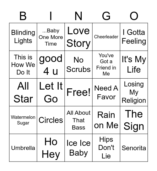 Music BINGO - Hits from the 90's to Current Bingo Card