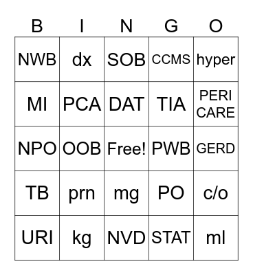 MEDICAL TERMS BINGO Card