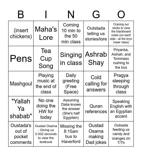 Arabic H001 Fall 2023 Bingo Card