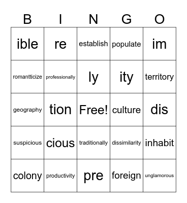 Suffixes Bingo Card