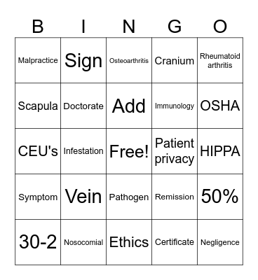 Rehab Careers Bingo Card