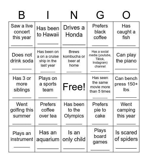 Social Bingo Card