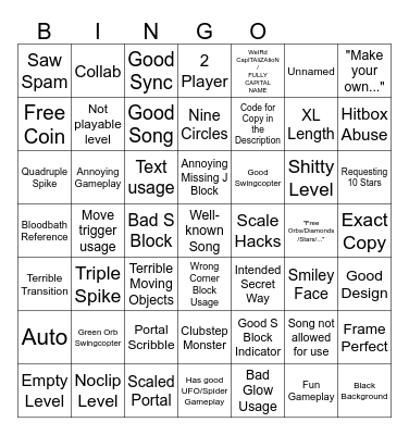 Geometry Dash Recent Tab Bingo 80+ items Bingo Card
