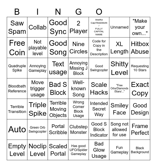 Geometry Dash Recent Tab Bingo 80+ items Bingo Card