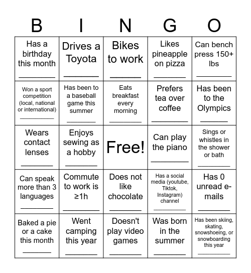 Social Bingo Card