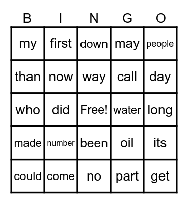 WORDS 76-100 Bingo Card