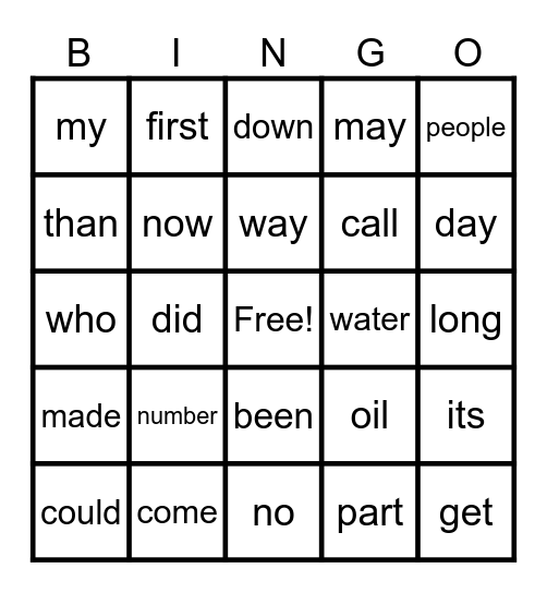 WORDS 76-100 Bingo Card