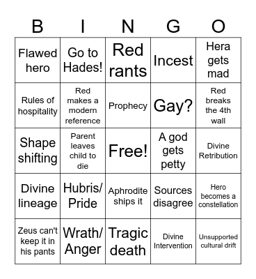 OSP Greek Mythology bingo Card