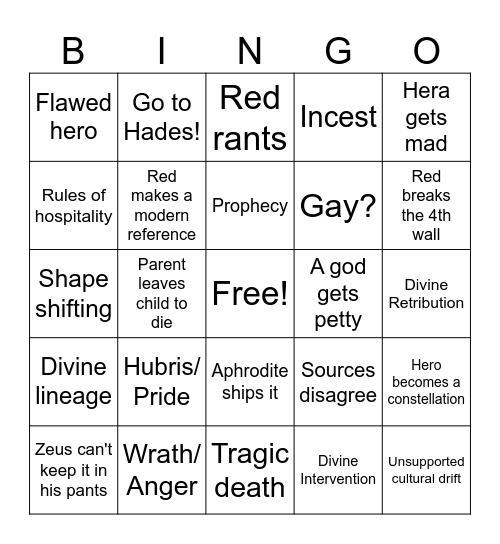 OSP Greek Mythology bingo Card