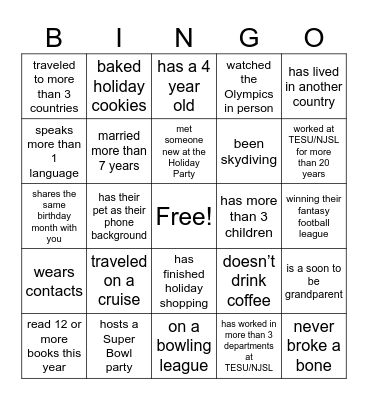 Holiday Party Bingo Card