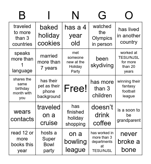 Holiday Party Bingo Card