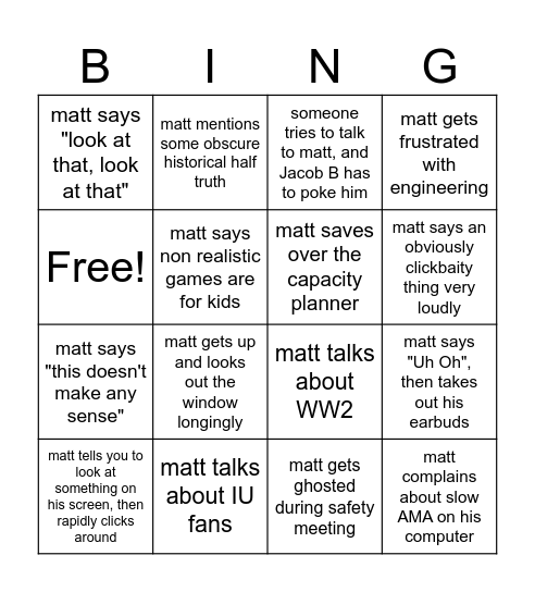 matt does things Bingo Card