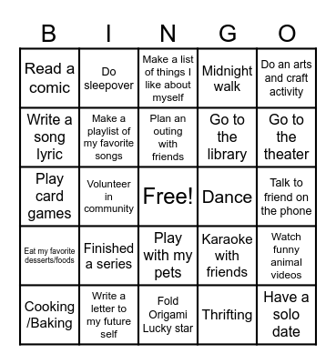 Me and My winter Bingo Card