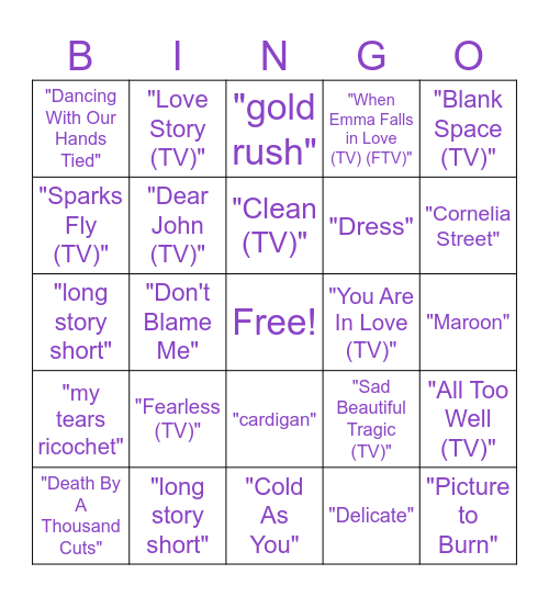 Taylor Swift Bingo Card