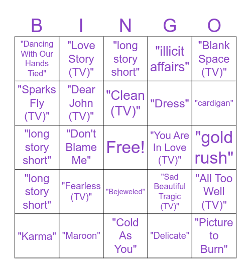 Taylor Swift Bingo Card