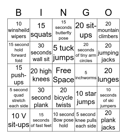 Fitness Bingo Card