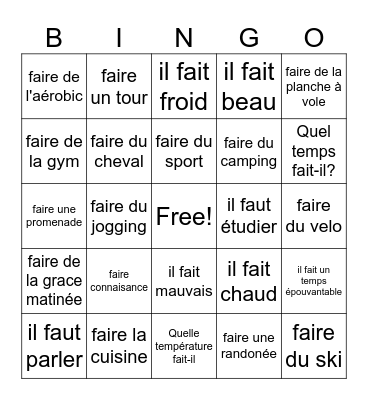 Faire expressions Bingo Card