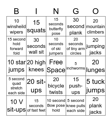 Fitness Bingo Card