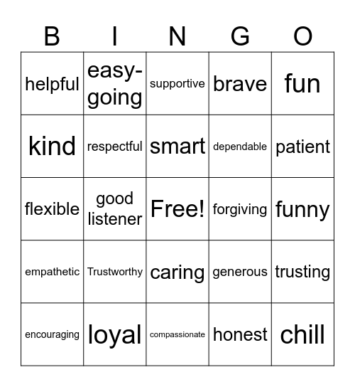 Friendship Bingo Card