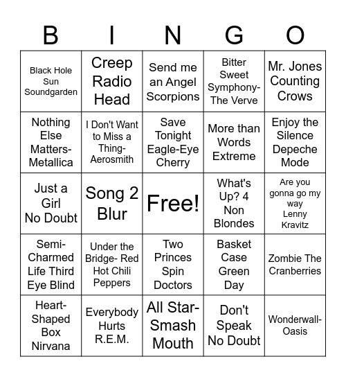 90s Rock Classics Bingo Card