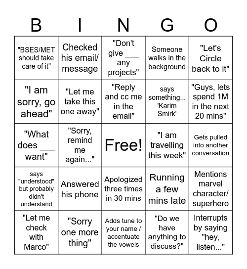 Karim 1:1 Bingo Card