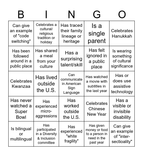 Diversity Bingo Card