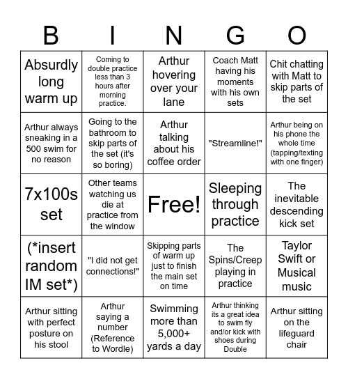 POV: BMC Swim Practice Bingo Card