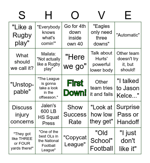 Tush Push Bingo Card