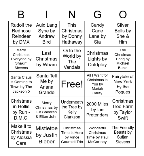 Christmas Song Bingo Card