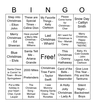 Holiday Music BINGO Card