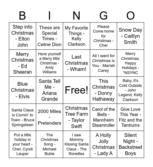 Holiday Music BINGO Card