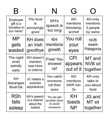 Holiday dinner Bingo Card
